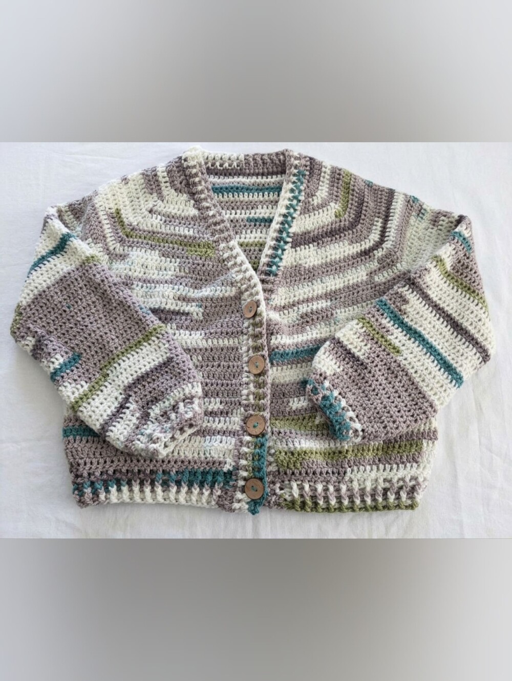 Handmade Crocheted Striped V-Neck Cardigan Sweater - Gray & Cream P2P 20.5"